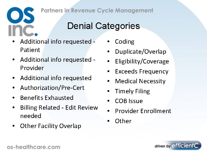 Denial Categories • Additional info requested Patient • Additional info requested Provider • Additional