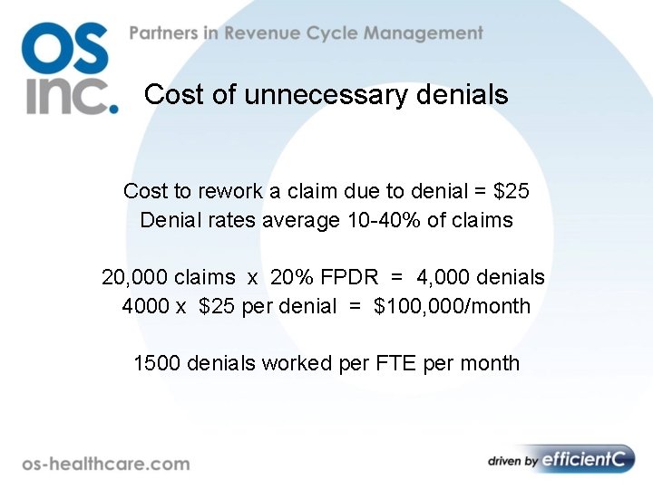 Cost of unnecessary denials Cost to rework a claim due to denial = $25