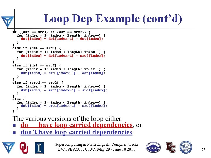 Loop Dep Example (cont’d) if ((dst == src 1) && (dst == src 2))