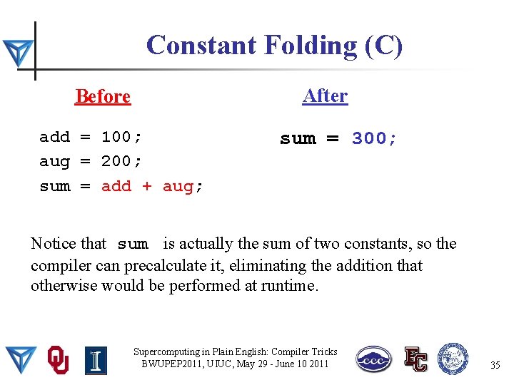 Constant Folding (C) After Before add = 100; aug = 200; sum = add
