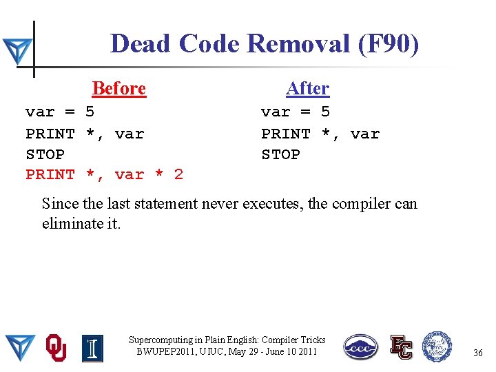 Dead Code Removal (F 90) Before var = 5 PRINT *, var STOP PRINT