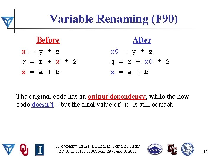 Variable Renaming (F 90) Before After x = y * z q = r