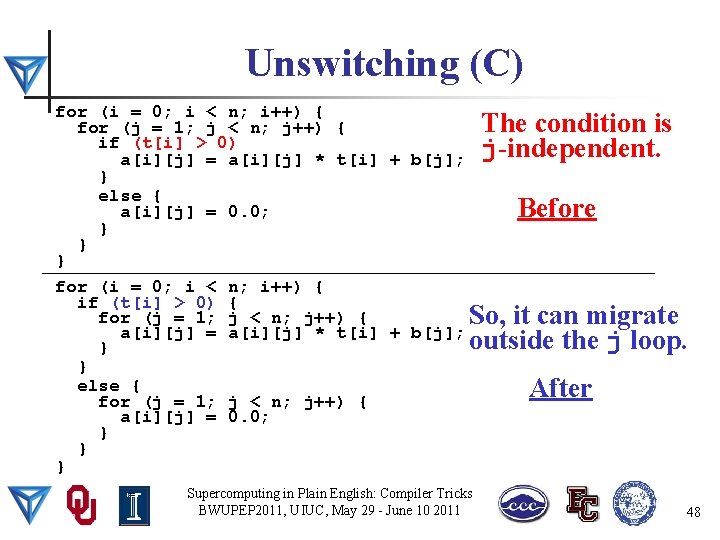 Unswitching (C) for (i = 0; i < n; i++) { The condition is