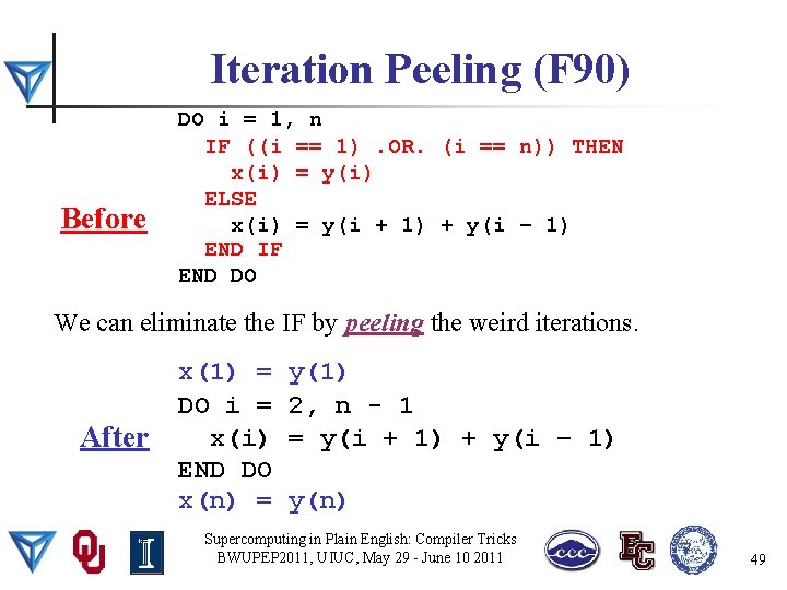 Iteration Peeling (F 90) Before DO i = 1, n IF ((i == 1).