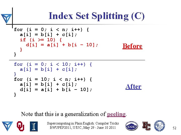 Index Set Splitting (C) for (i = 0; i < n; i++) { a[i]