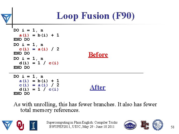 Loop Fusion (F 90) DO i = a(i) END DO DO i = c(i)