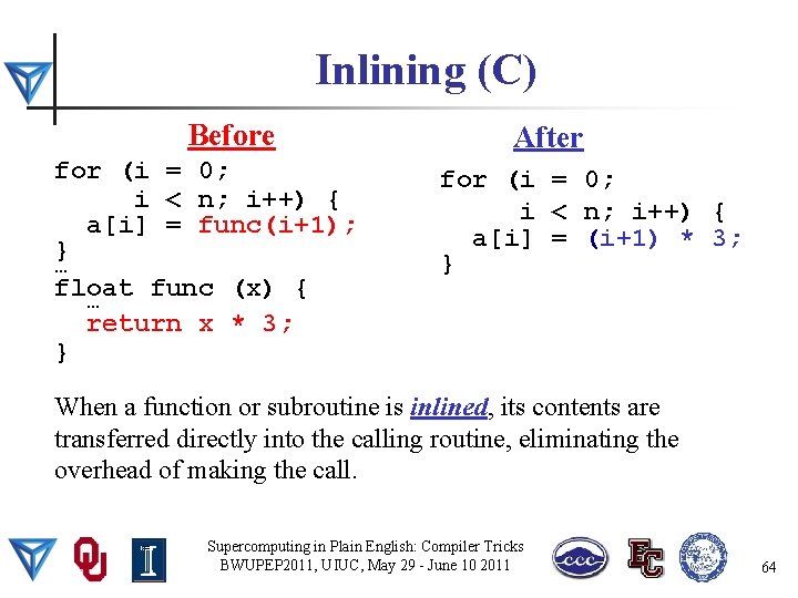 Inlining (C) Before for (i = 0; i < n; i++) { a[i] =