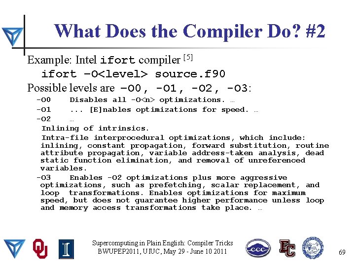 What Does the Compiler Do? #2 Example: Intel ifort compiler [5] ifort –O<level> source.