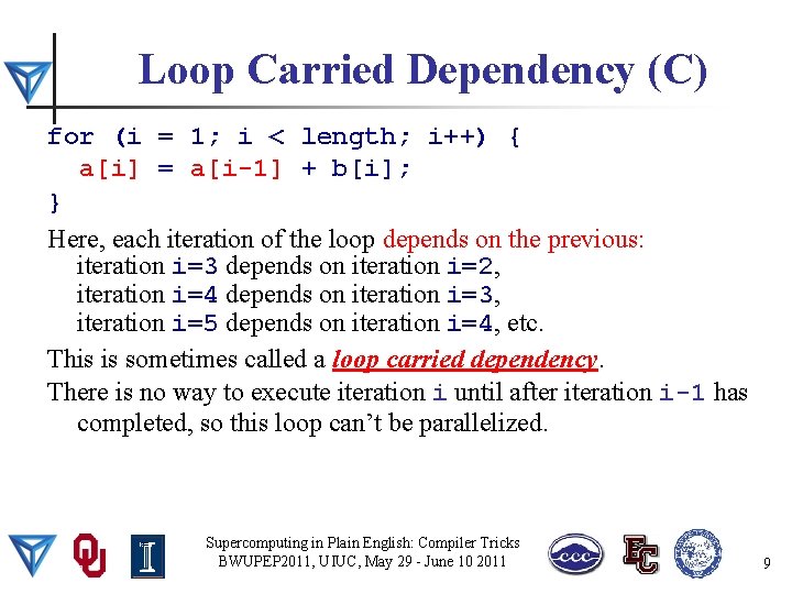 Loop Carried Dependency (C) for (i = 1; i < length; i++) { a[i]