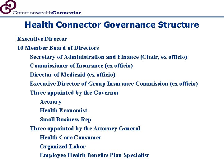 Health Connector Governance Structure Executive Director 10 Member Board of Directors Secretary of Administration