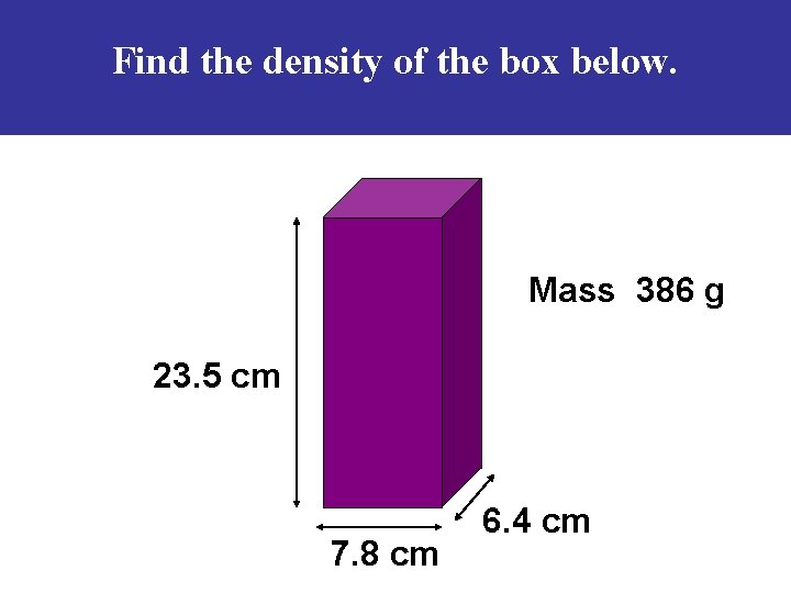 Find the density of the box below. Mass 386 g 23. 5 cm 7.