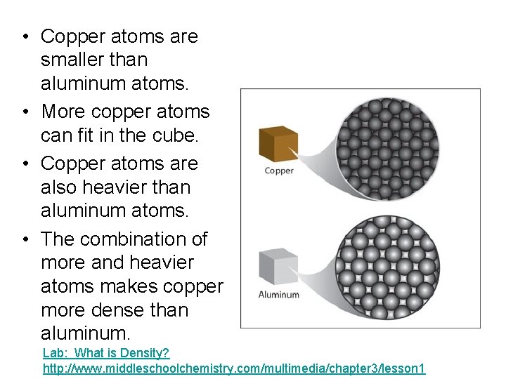  • Copper atoms are smaller than aluminum atoms. • More copper atoms can