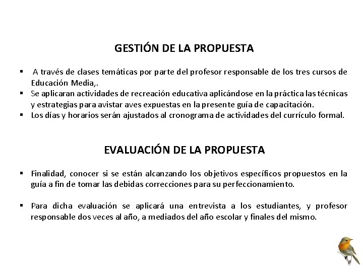 GESTIÓN DE LA PROPUESTA § A través de clases temáticas por parte del profesor