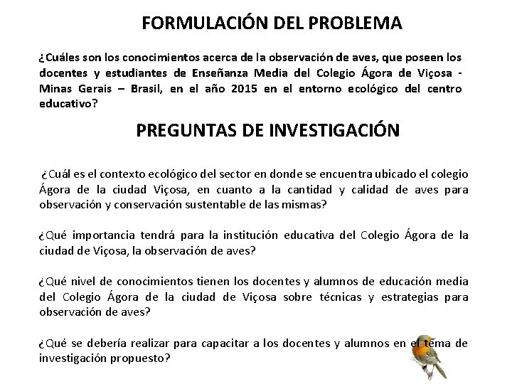 FORMULACIÓN DEL PROBLEMA ¿Cuáles son los conocimientos acerca de la observación de aves, que