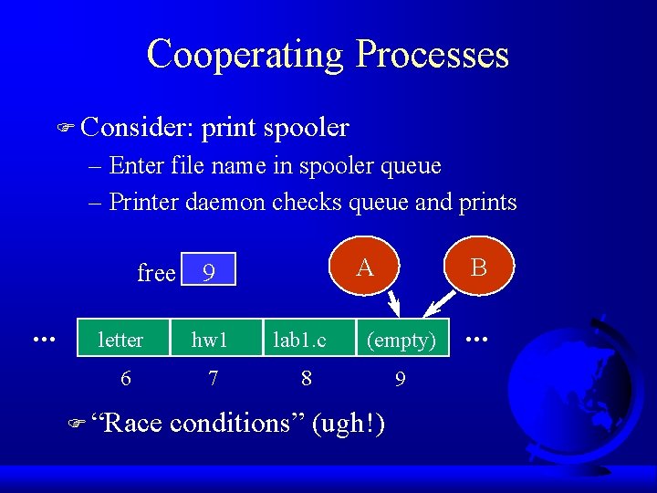 Cooperating Processes F Consider: print spooler – Enter file name in spooler queue –