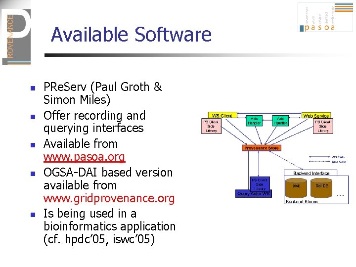Available Software n n n PRe. Serv (Paul Groth & Simon Miles) Offer recording