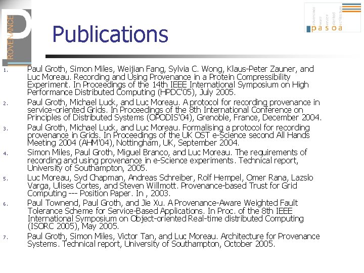 Publications 1. 2. 3. 4. 5. 6. 7. Paul Groth, Simon Miles, Weijian Fang,