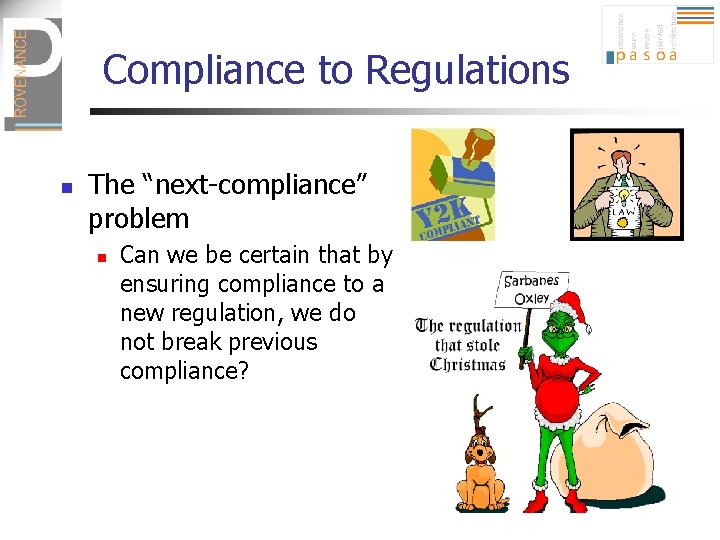 Compliance to Regulations n The “next-compliance” problem n Can we be certain that by