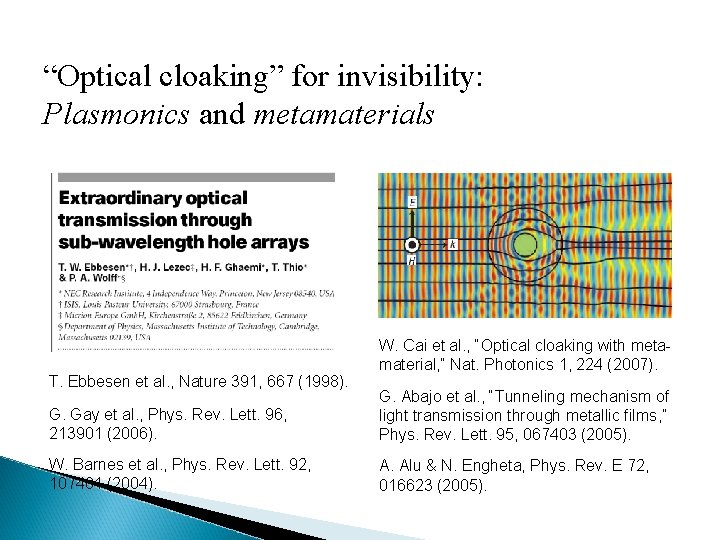 “Optical cloaking” for invisibility: Plasmonics and metamaterials T. Ebbesen et al. , Nature 391,