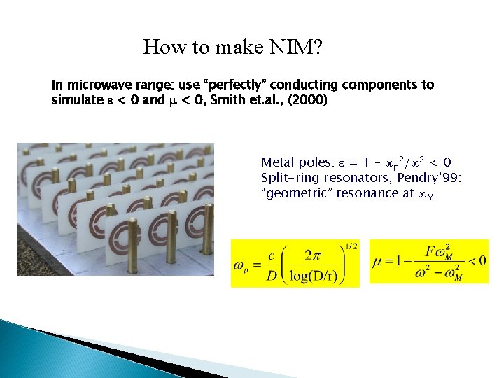 How to make NIM? In microwave range: use “perfectly” conducting components to simulate e