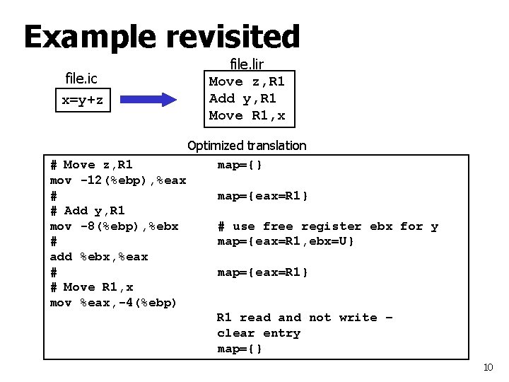 Example revisited file. ic x=y+z # Move z, R 1 mov -12(%ebp), %eax #