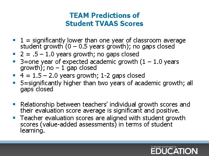 TEAM Predictions of Student TVAAS Scores § 1 = significantly lower than one year