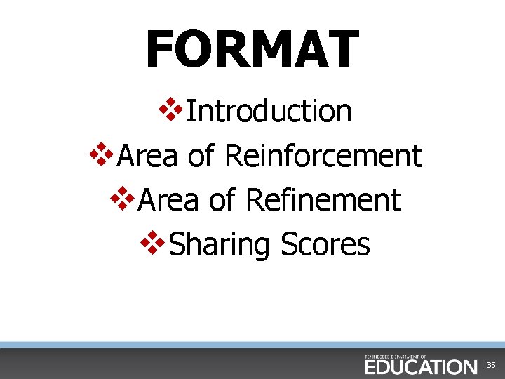 FORMAT v. Introduction v. Area of Reinforcement v. Area of Refinement v. Sharing Scores