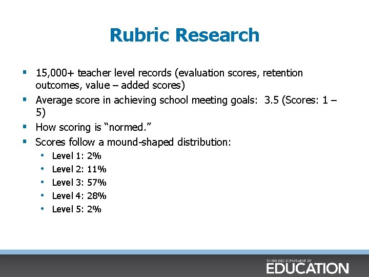 Rubric Research § 15, 000+ teacher level records (evaluation scores, retention outcomes, value –