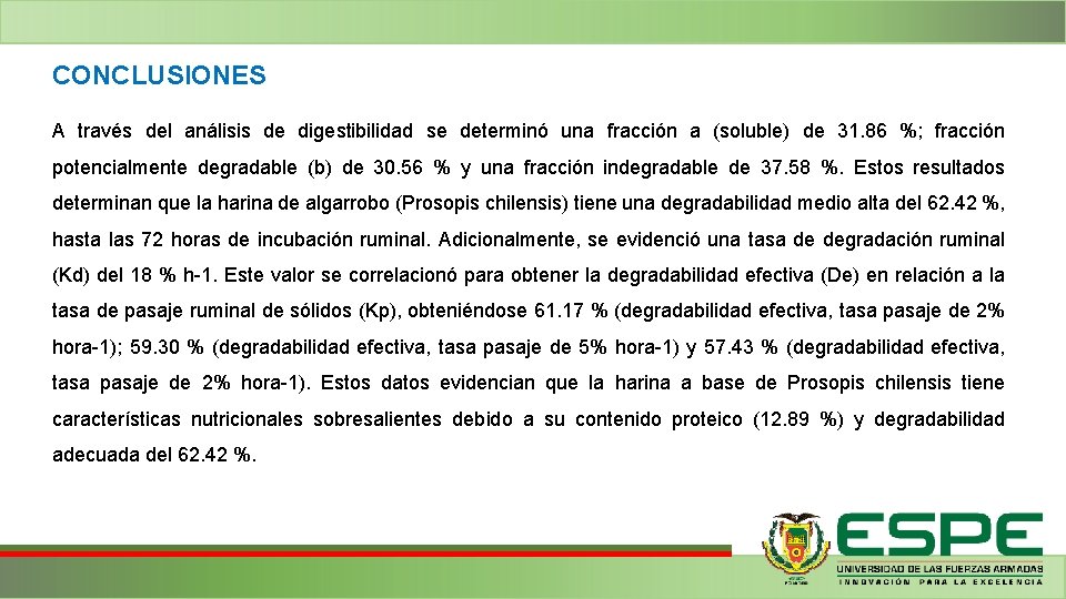 CONCLUSIONES A través del análisis de digestibilidad se determinó una fracción a (soluble) de CONCLUSIONES A través del análisis de digestibilidad se determinó una fracción a (soluble) de