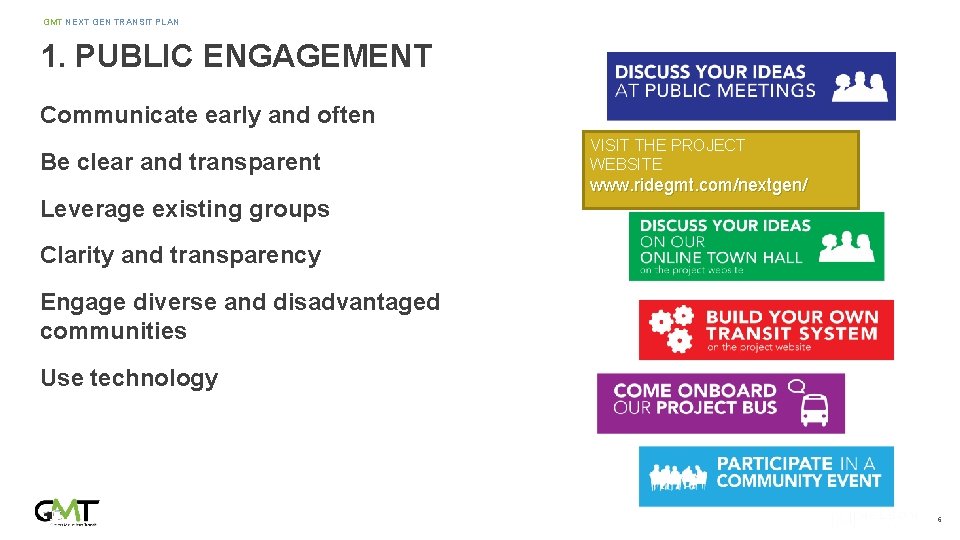GMT NEXT GEN TRANSIT PLAN 1. PUBLIC ENGAGEMENT Communicate early and often Be clear