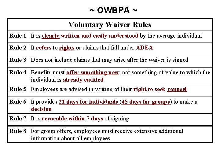 ~ OWBPA ~ Voluntary Waiver Rules Rule 1 It is clearly written and easily