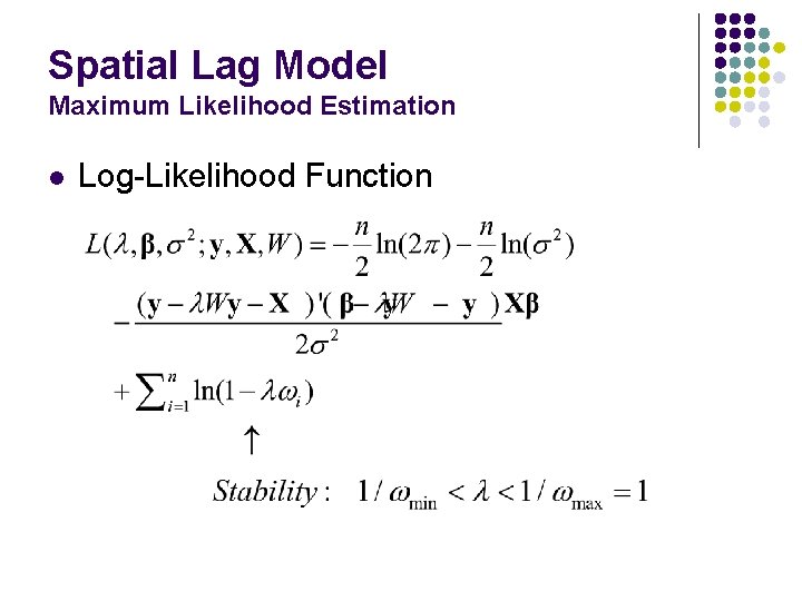 Spatial Lag Model Maximum Likelihood Estimation l Log-Likelihood Function Spatial Lag Model Maximum Likelihood Estimation l Log-Likelihood Function