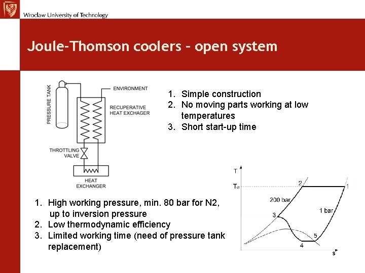 Joule-Thomson coolers – open system 1. Simple construction 2. No moving parts working at