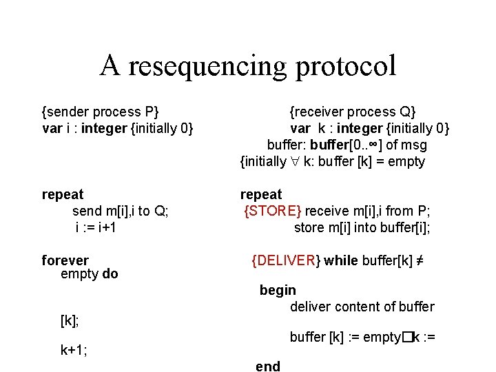 A resequencing protocol {sender process P} var i : integer {initially 0} {receiver process
