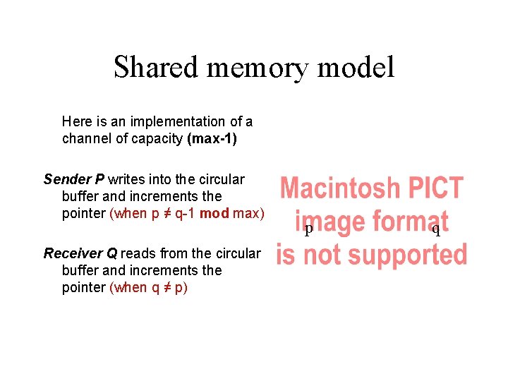 Shared memory model Here is an implementation of a channel of capacity (max-1) Sender
