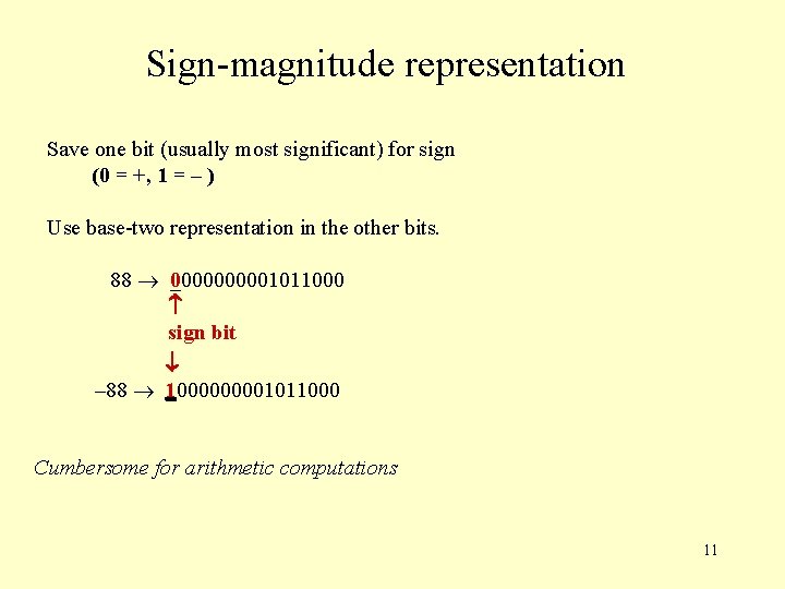 Sign-magnitude representation Save one bit (usually most significant) for sign (0 = +, 1