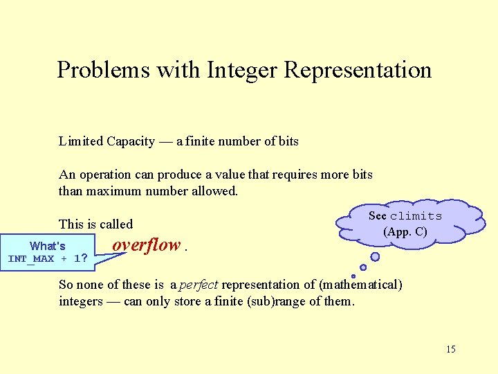 Problems with Integer Representation Limited Capacity — a finite number of bits An operation
