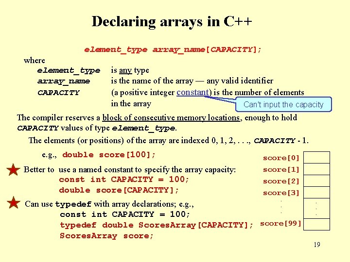 Declaring arrays in C++ element_type array_name[CAPACITY]; where element_type array_name CAPACITY is any type is