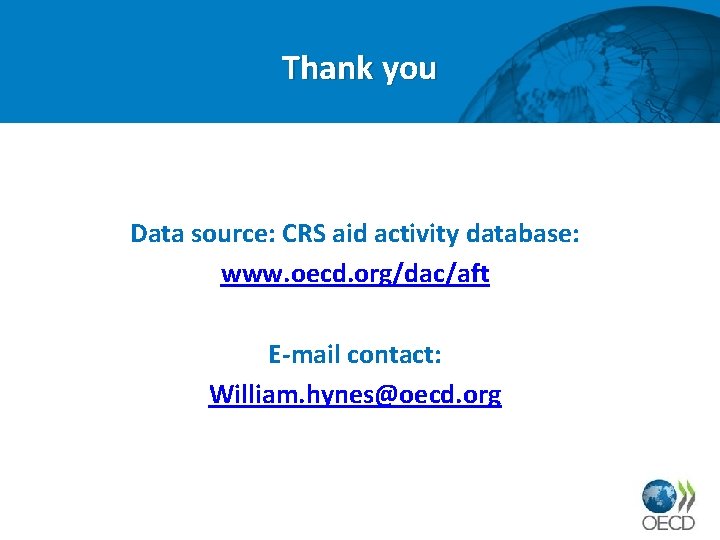 Thank you Data source: CRS aid activity database: www. oecd. org/dac/aft E-mail contact: William.