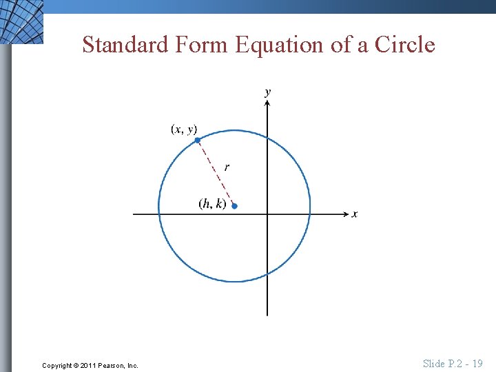 Standard Form Equation of a Circle Copyright © 2011 Pearson, Inc. Slide P. 2