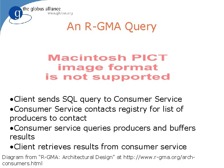 An R-GMA Query • Client sends SQL query to Consumer Service • Consumer Service