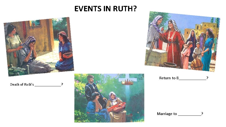 EVENTS IN RUTH? Return to B_______? Death of Ruth’s _______? Marriage to ______? 