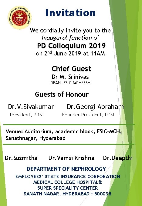 Invitation We cordially invite you to the Inaugural function of PD Colloquium 2019 on