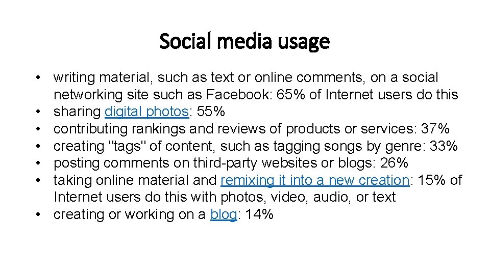 Social media usage • writing material, such as text or online comments, on a