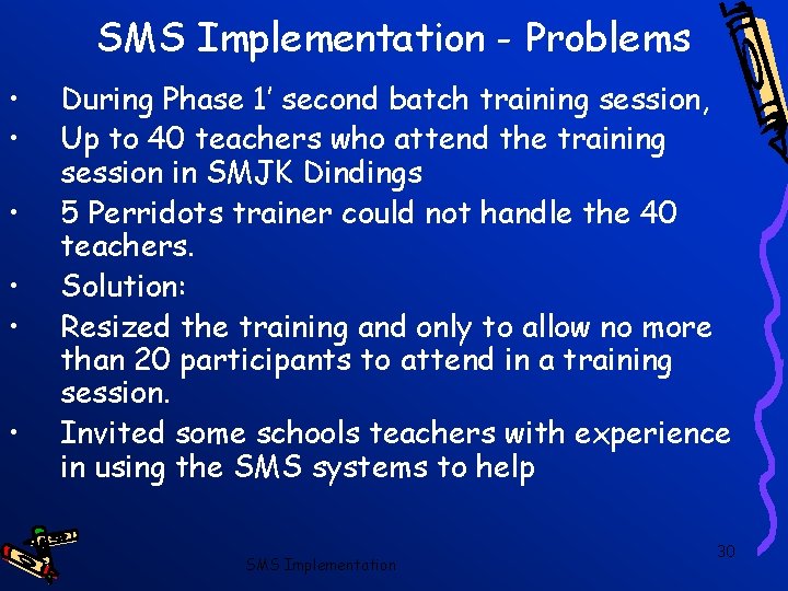 SMS Implementation - Problems • • • During Phase 1’ second batch training session,