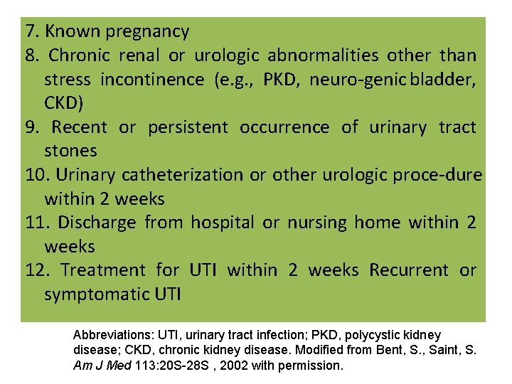 7. Known pregnancy 8. Chronic renal or urologic abnormalities other than stress incontinence (e.