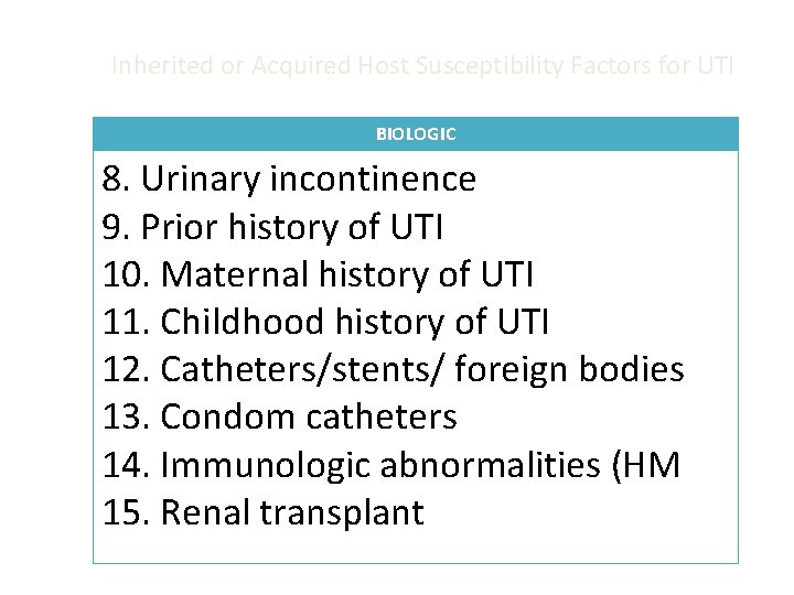 Inherited or Acquired Host Susceptibility Factors for UTI BIOLOGIC 8. Urinary incontinence 9. Prior