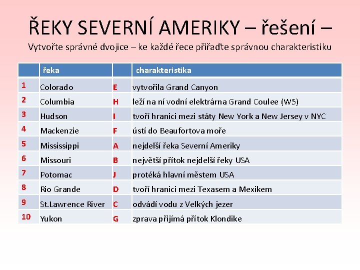 ŘEKY SEVERNÍ AMERIKY – řešení – Vytvořte správné dvojice – ke každé řece přiřaďte