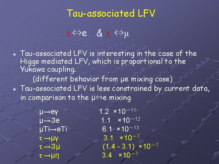 Tau-associated LFV τ ⇔e 　& τ ⇔μ n n Tau-associated LFV is interesting in