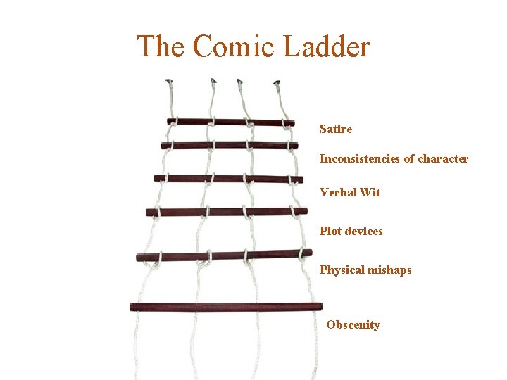 The Comic Ladder Satire Inconsistencies of character Verbal Wit Plot devices Physical mishaps Obscenity